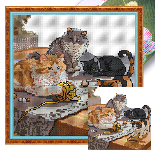Four Cats - Partial 14CT Stamped Cross Stitch 42x42CM - Joy Sunday Backstitch