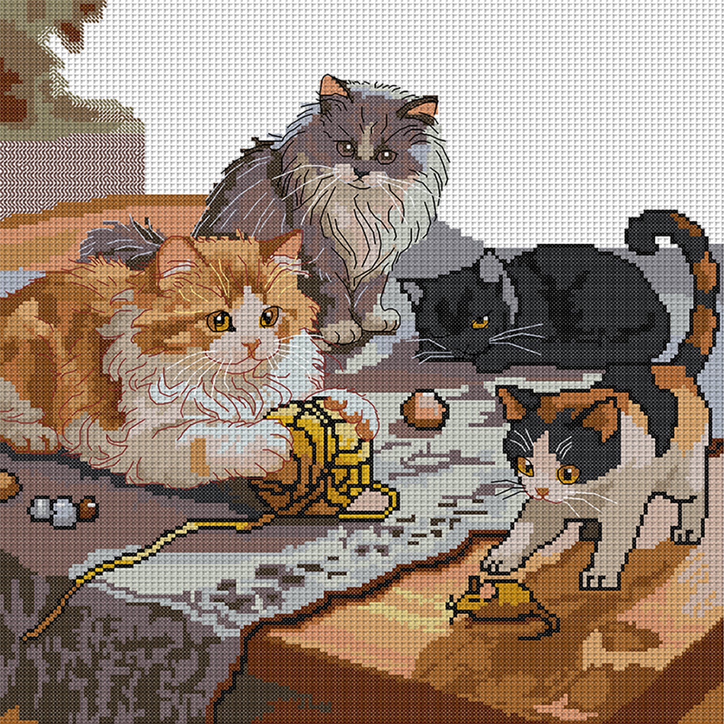 Four Cats - Partial 14CT Stamped Cross Stitch 42x42CM - Joy Sunday Backstitch