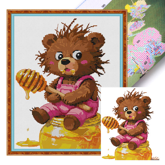 Honey-Loving Bear - Partial 14CT Stamped Cross Stitch 31x38CM - Joy Sunday Backstitch
