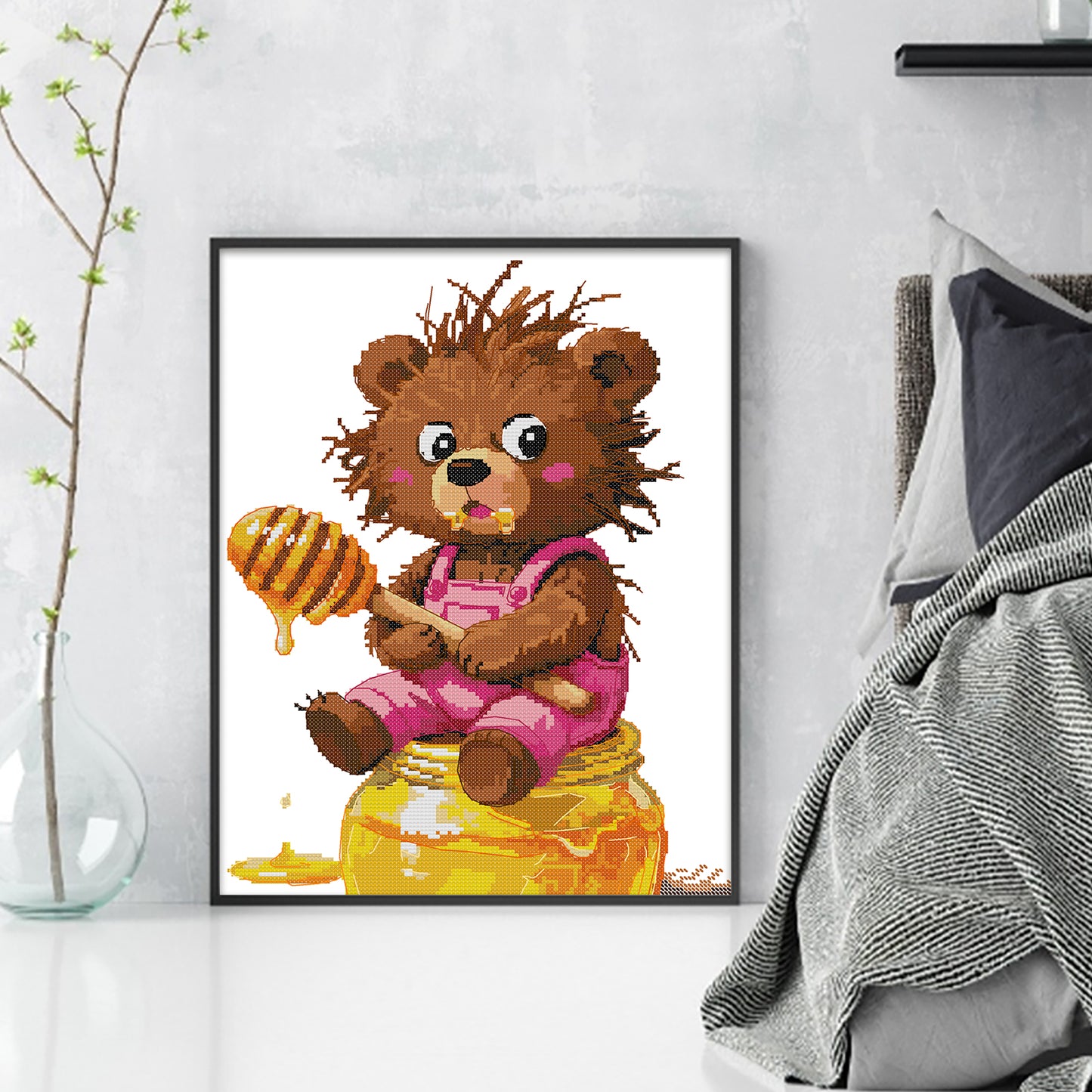 Honey-Loving Bear - Partial 14CT Stamped Cross Stitch 31x38CM - Joy Sunday Backstitch