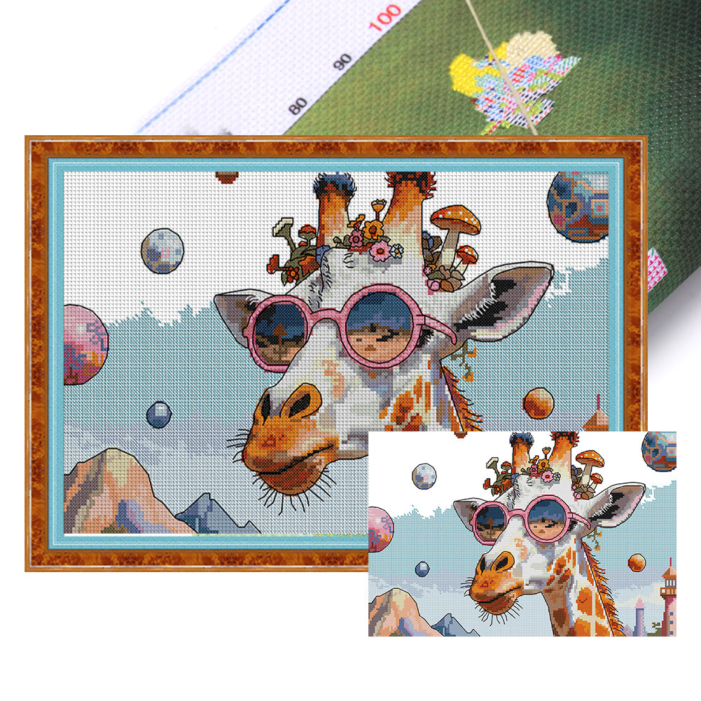 Fashion-Loving Giraffe - Partial 14CT Stamped Cross Stitch 42x28CM - Joy Sunday Backstitch