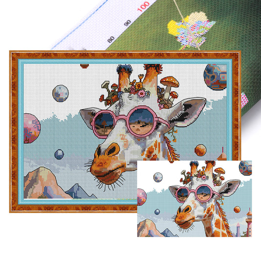 Fashion-Loving Giraffe - Partial 14CT Stamped Cross Stitch 42x28CM - Joy Sunday Backstitch