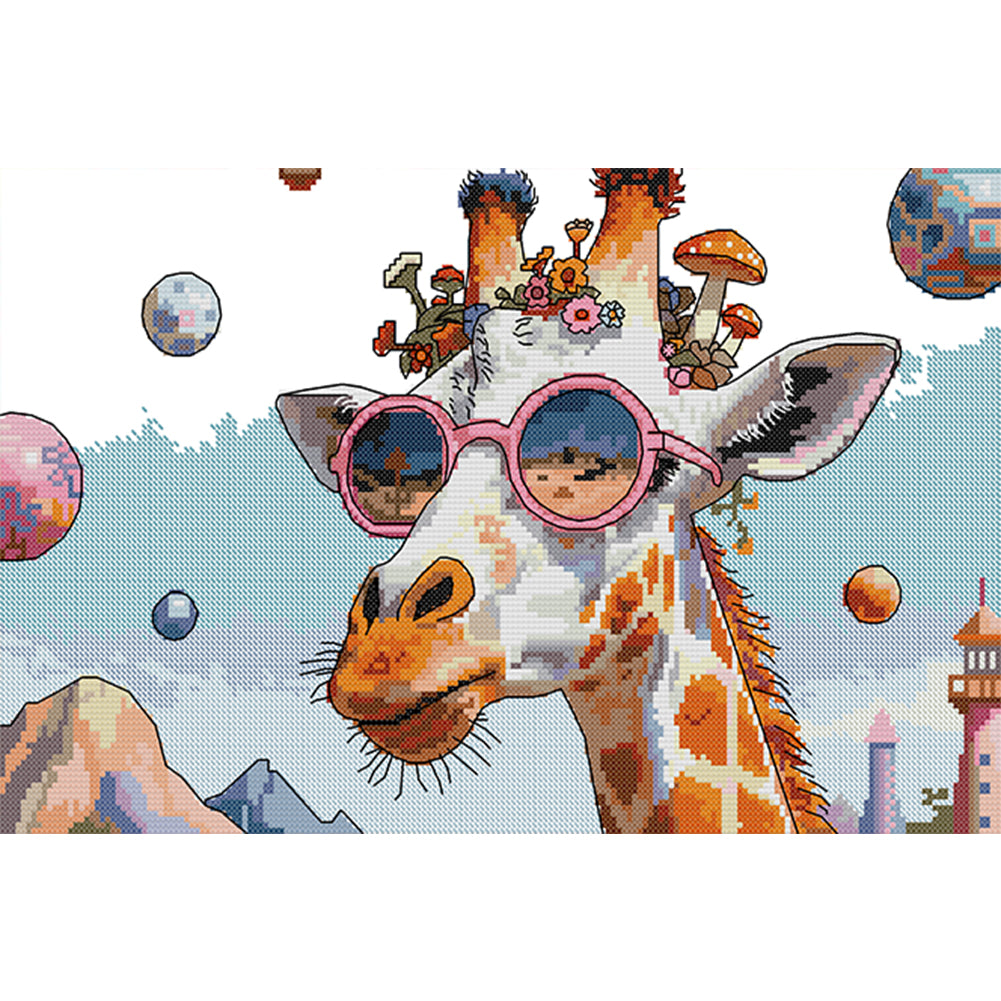 Fashion-Loving Giraffe - Partial 14CT Stamped Cross Stitch 42x28CM - Joy Sunday Backstitch