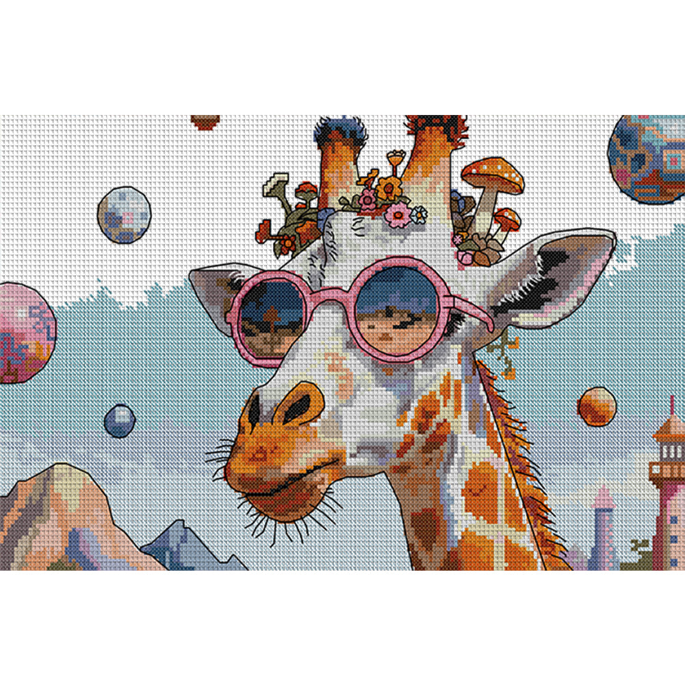 Fashion-Loving Giraffe - Partial 14CT Stamped Cross Stitch 42x28CM - Joy Sunday Backstitch