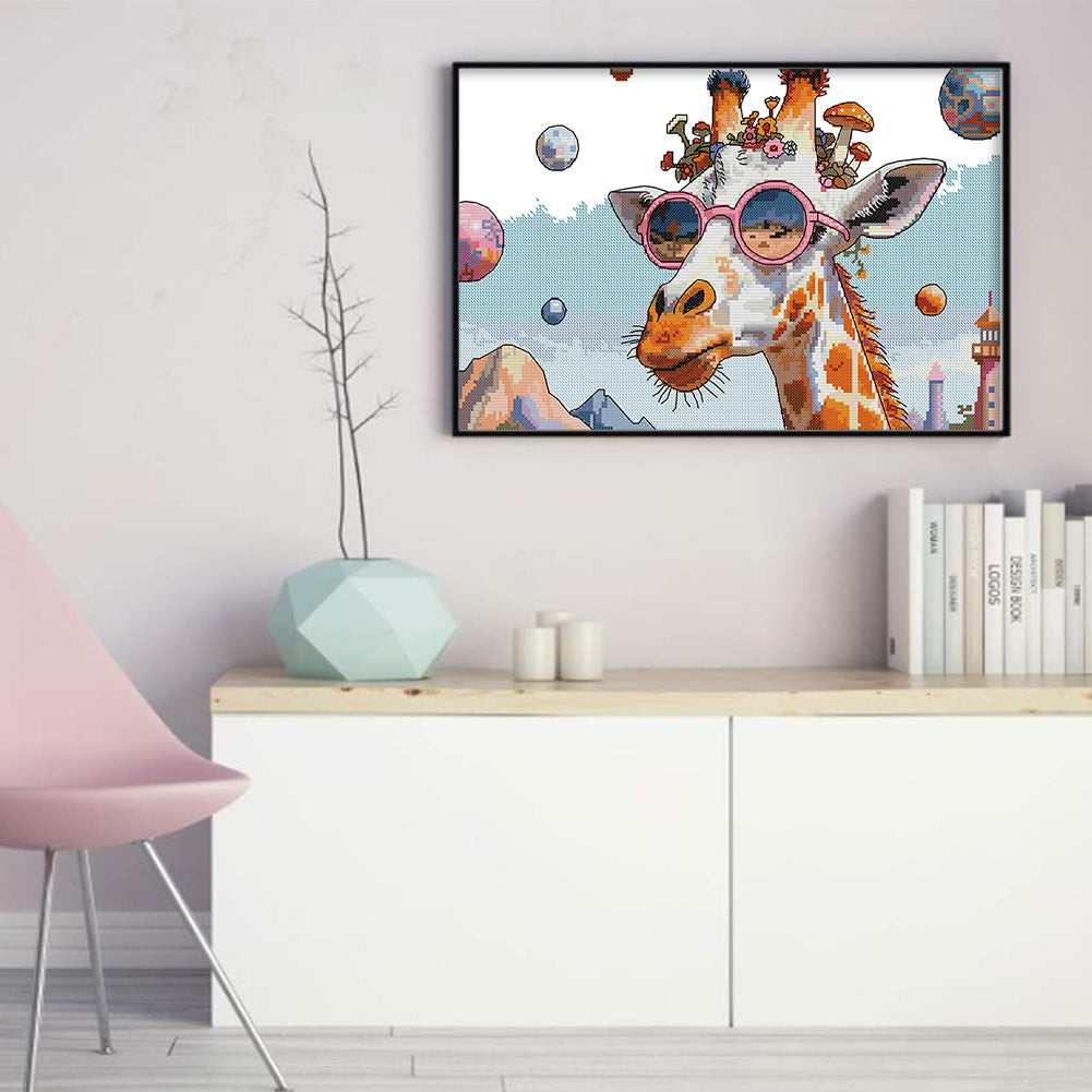 Fashion-Loving Giraffe - Partial 14CT Stamped Cross Stitch 42x28CM - Joy Sunday Backstitch