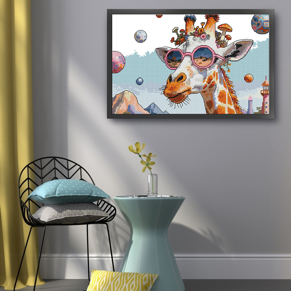Fashion-Loving Giraffe - Partial 14CT Stamped Cross Stitch 42x28CM - Joy Sunday Backstitch