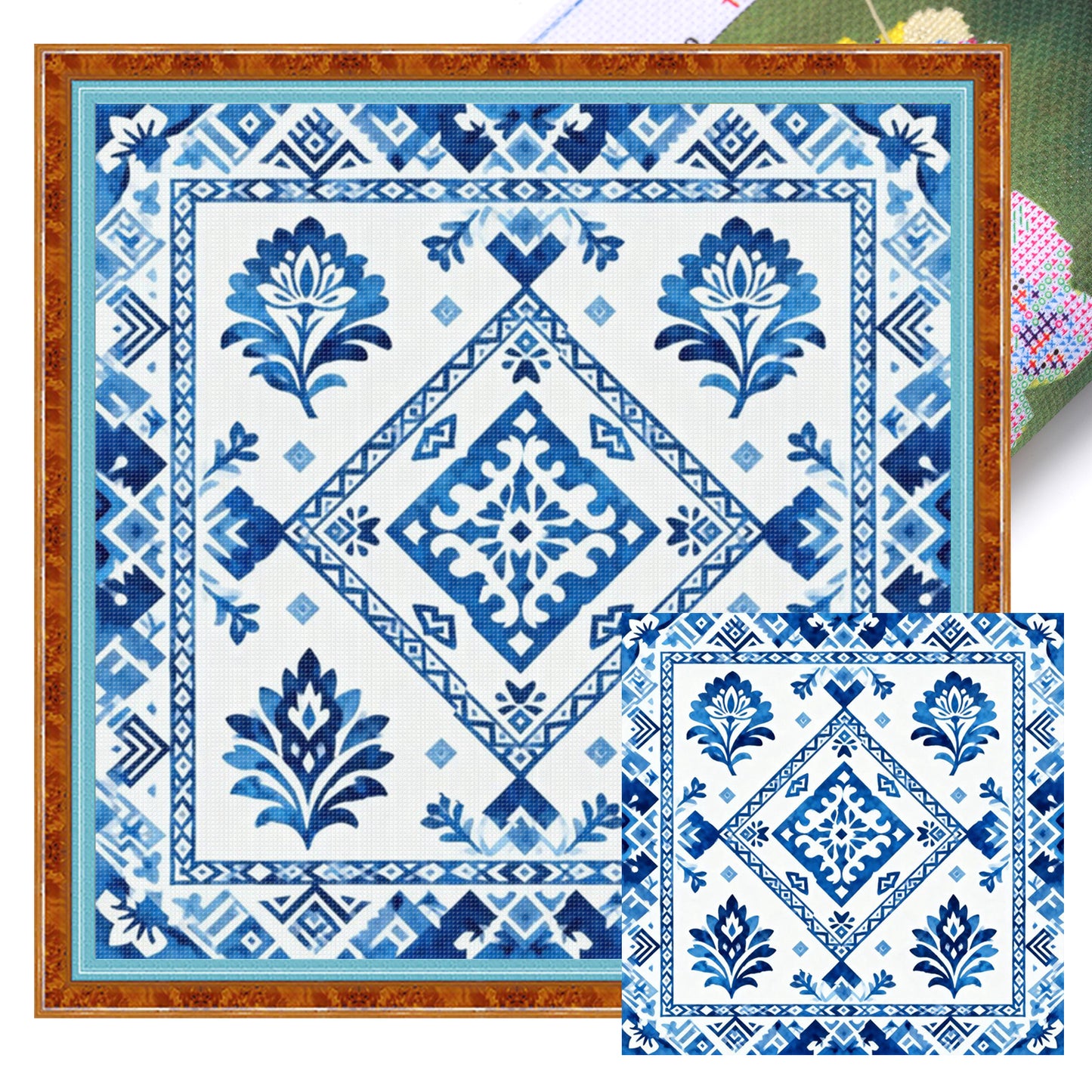 Blue And White Pattern - Full 11CT Stamped Cross Stitch 45x45CM - Huacan
