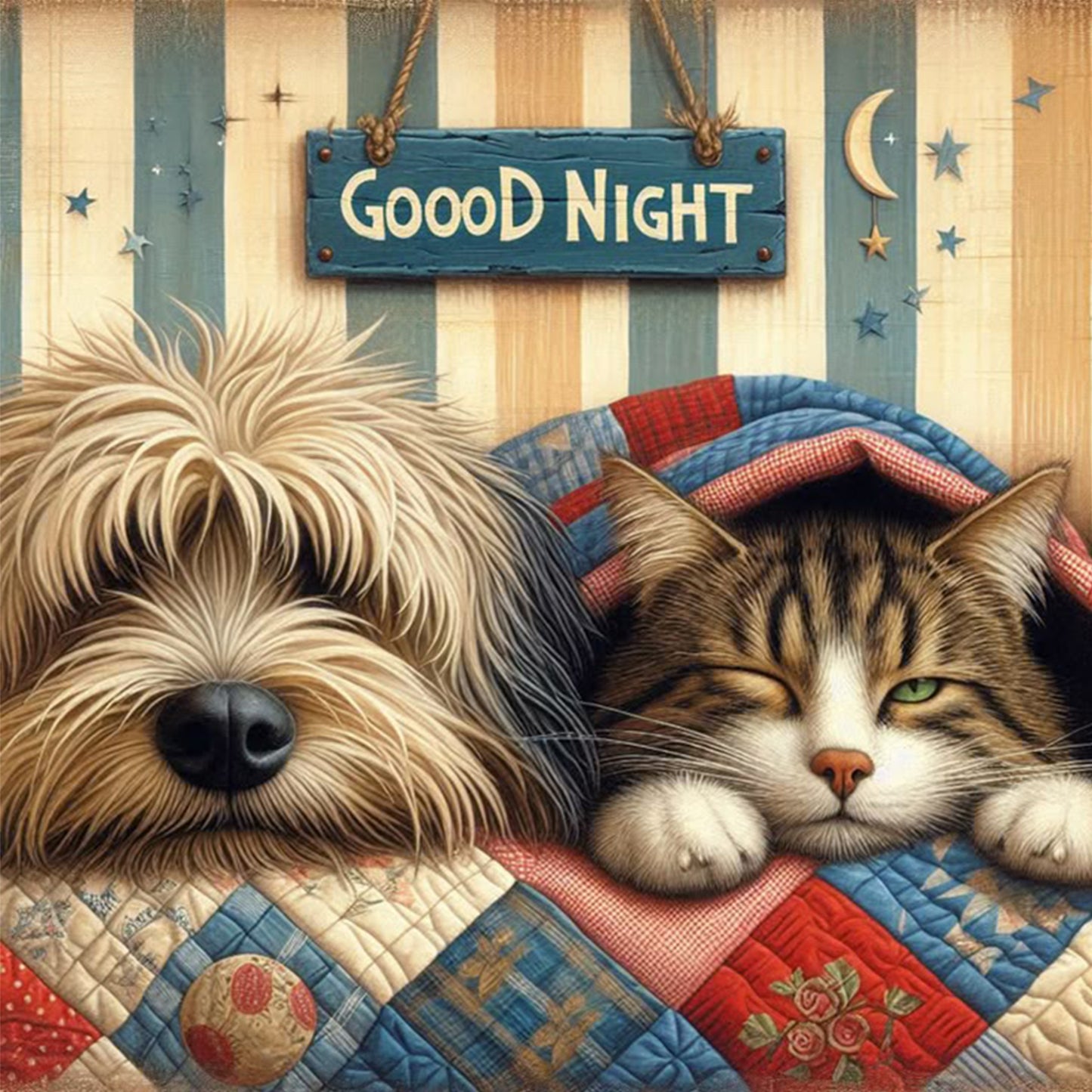Shepherd Dog And Tabby Cat - Full 11CT Stamped Cross Stitch 40x40CM - Huacan