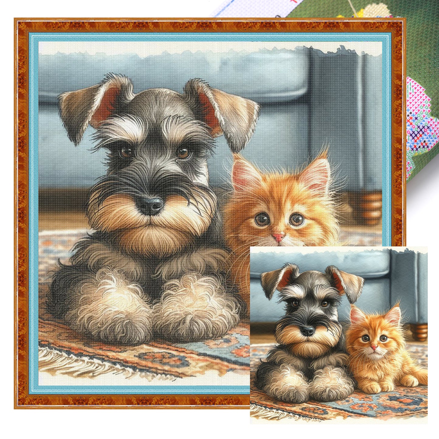 Schnauzer-Dog And Orange Cat - Full 11CT Stamped Cross Stitch 40x40CM - Huacan