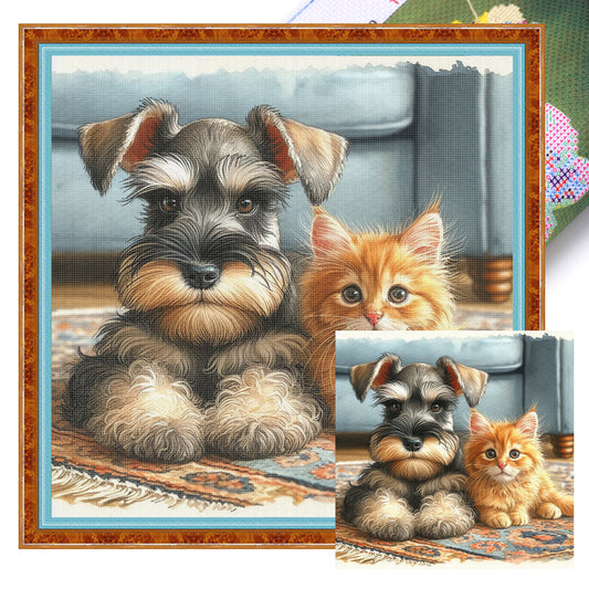 Schnauzer-Dog And Orange Cat - Full 11CT Stamped Cross Stitch 40x40CM - Huacan