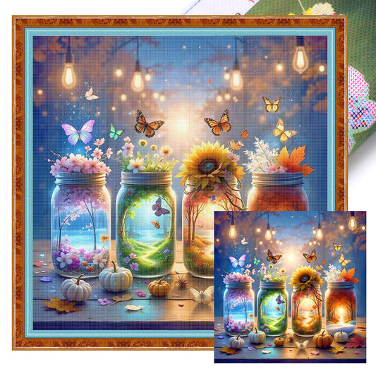 Four Seasons Glass Bottle - Full 11CT Stamped Cross Stitch 45x45CM - Huacan