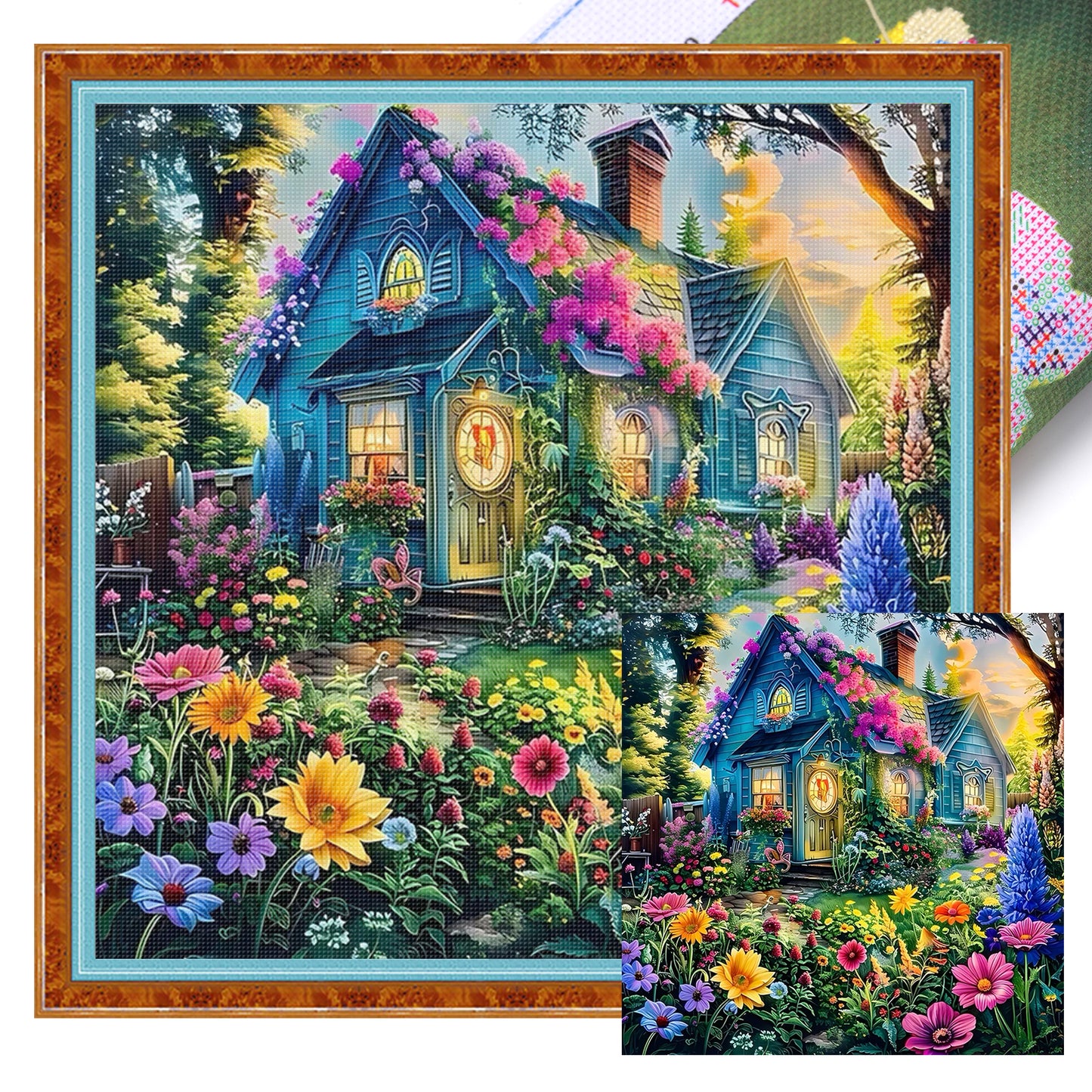 Flower And Grass Hut - Full 14CT Stamped Cross Stitch 50x50CM - Huacan