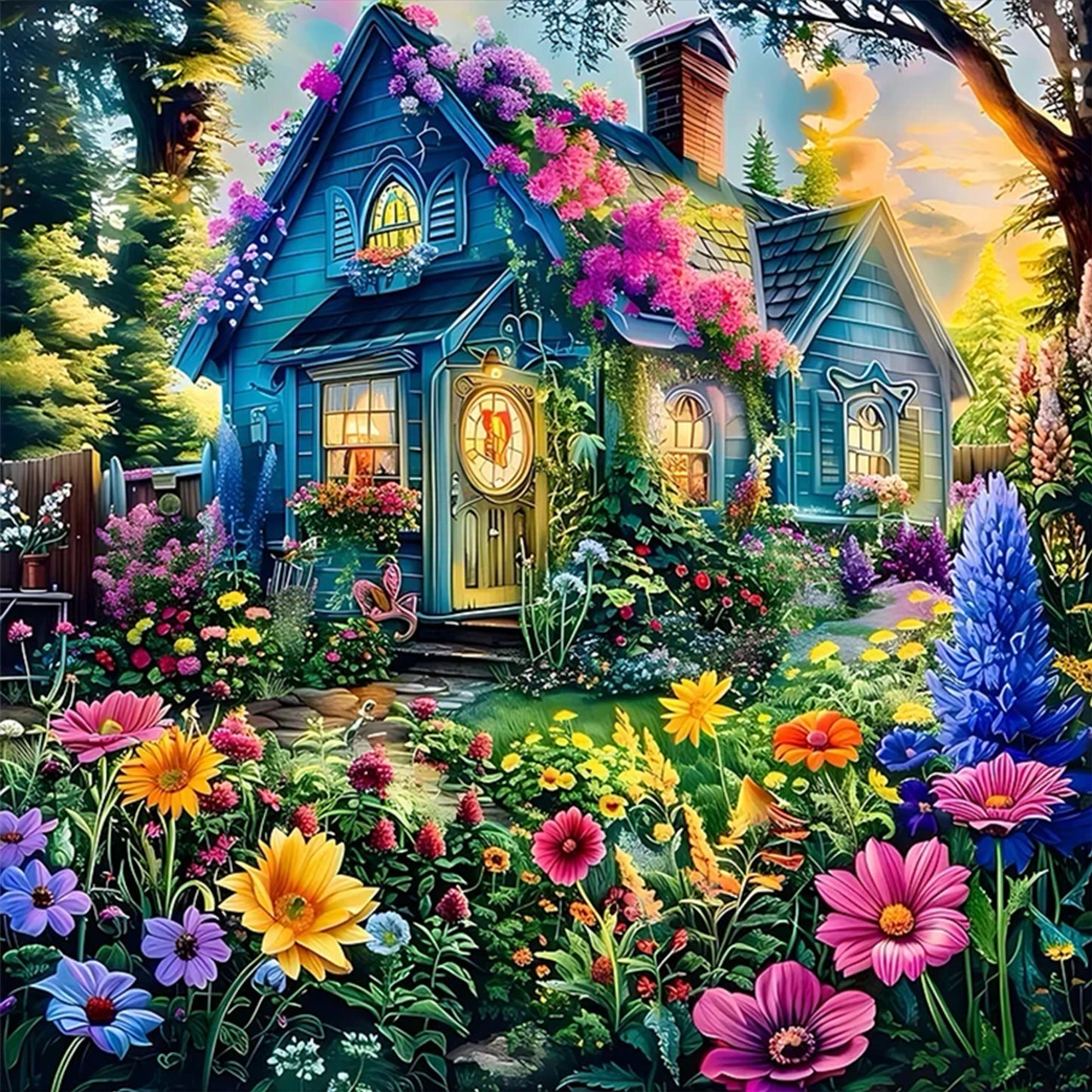 Flower And Grass Hut - Full 14CT Stamped Cross Stitch 50x50CM - Huacan