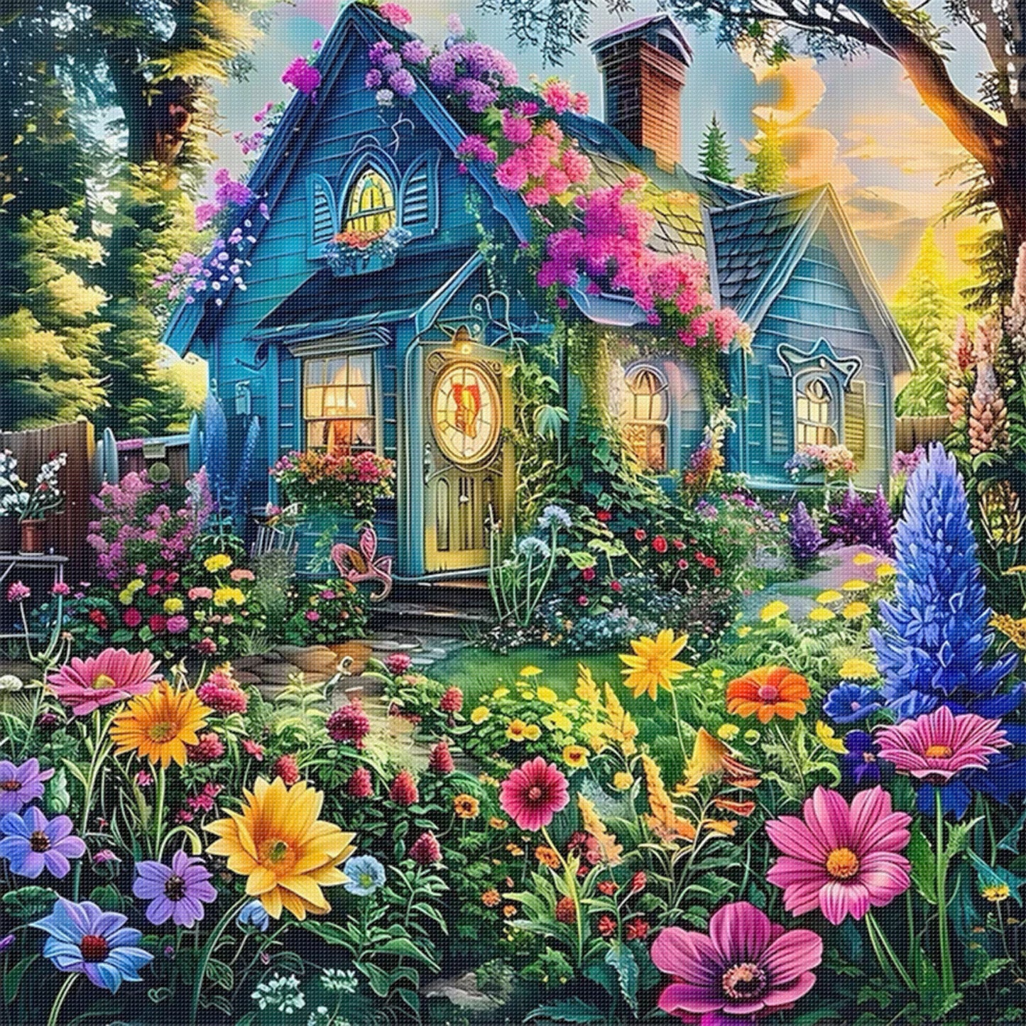 Flower And Grass Hut - Full 14CT Stamped Cross Stitch 50x50CM - Huacan
