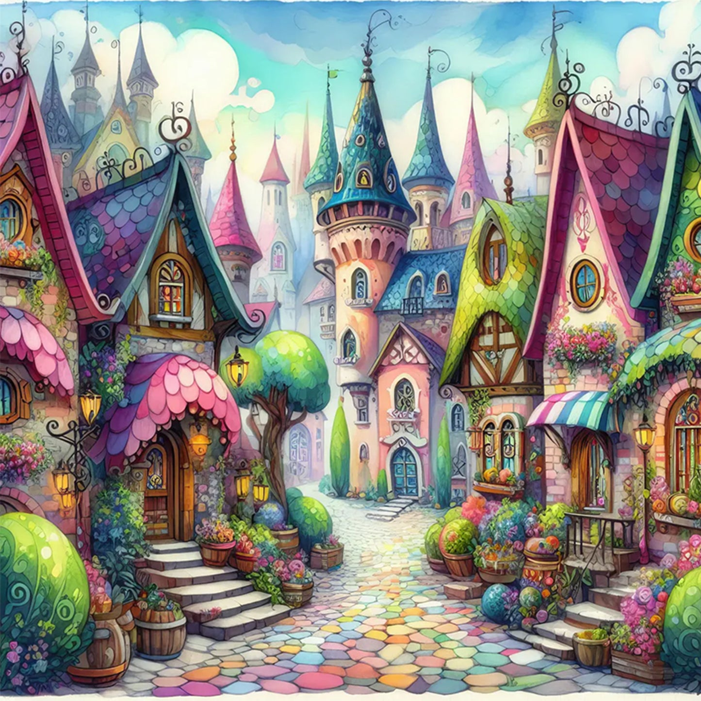 Colorful Town - Full 11CT Stamped Cross Stitch 45x45CM - Huacan