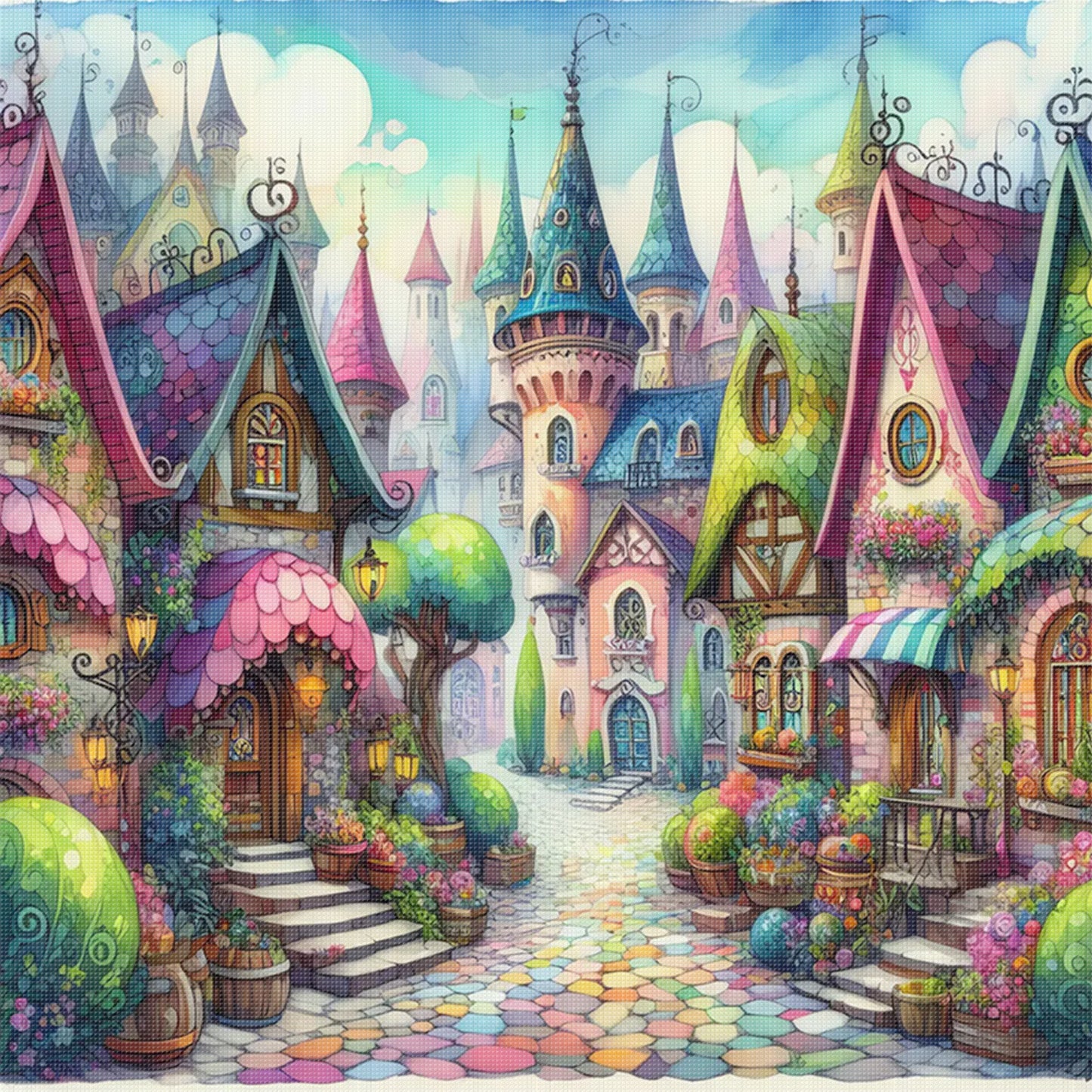 Colorful Town - Full 11CT Stamped Cross Stitch 45x45CM - Huacan