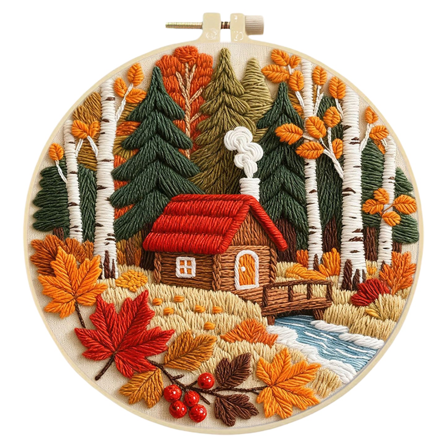 Autumn Forest Cottage - DIY Embroidery Cross Stitch Kit with Pattern Cotton Threads Needles Hoop 29x29CM/11.42x11.42in
