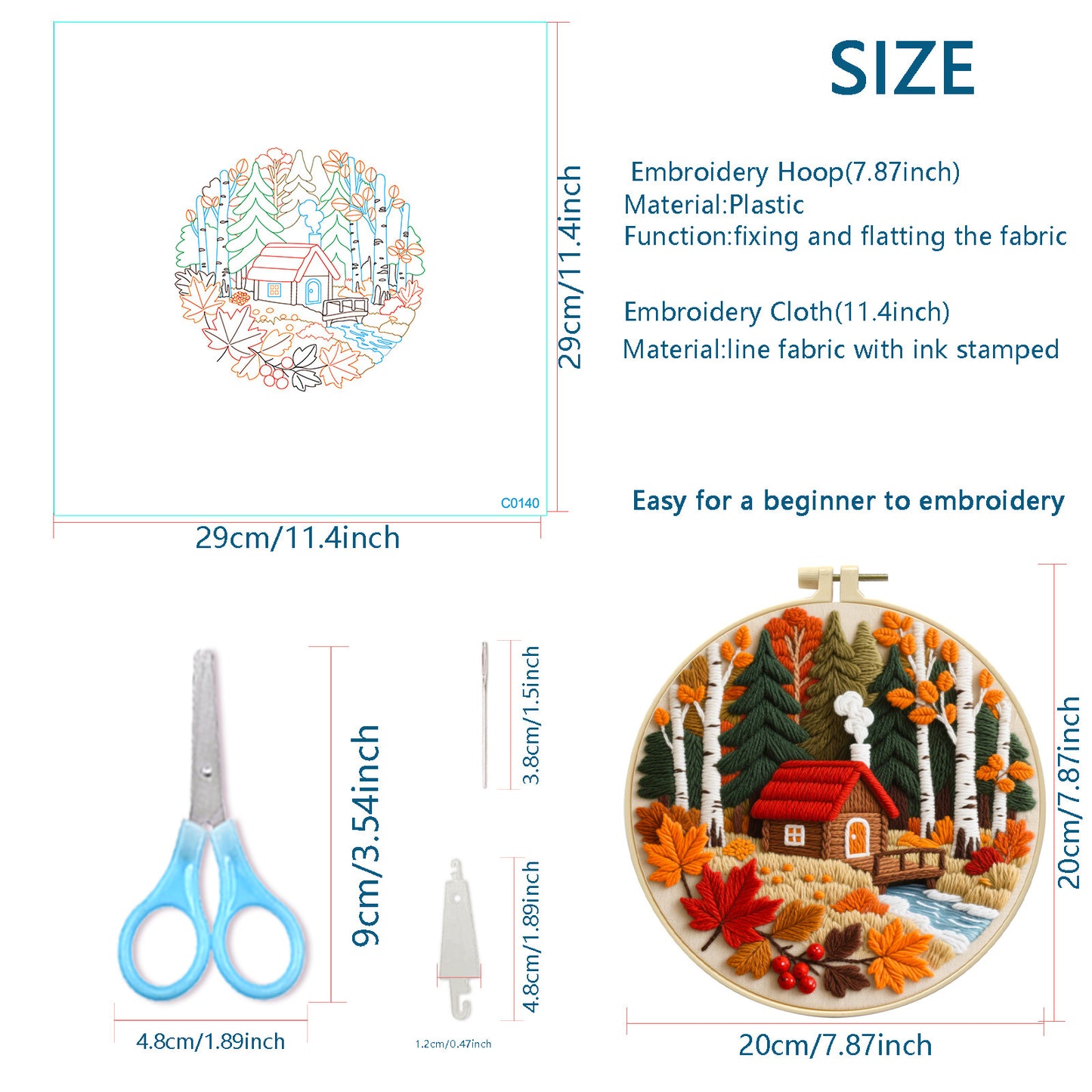 Autumn Forest Cottage - DIY Embroidery Cross Stitch Kit with Pattern Cotton Threads Needles Hoop 29x29CM/11.42x11.42in