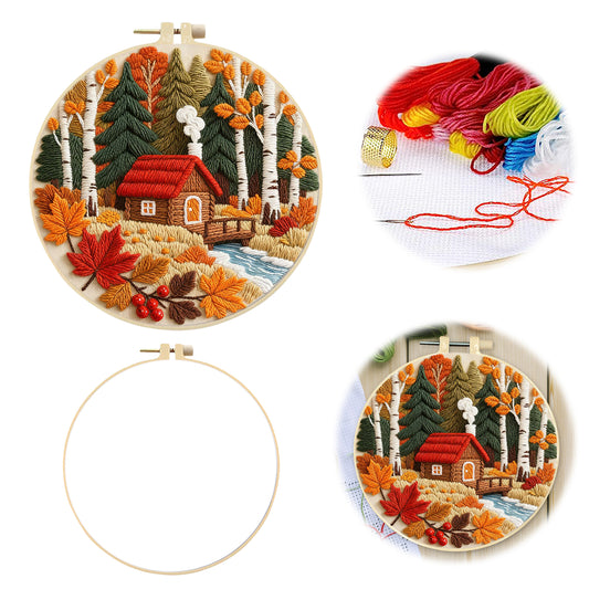 Autumn Forest Cottage - DIY Embroidery Cross Stitch Kit with Pattern Cotton Threads Needles Hoop 29x29CM/11.42x11.42in