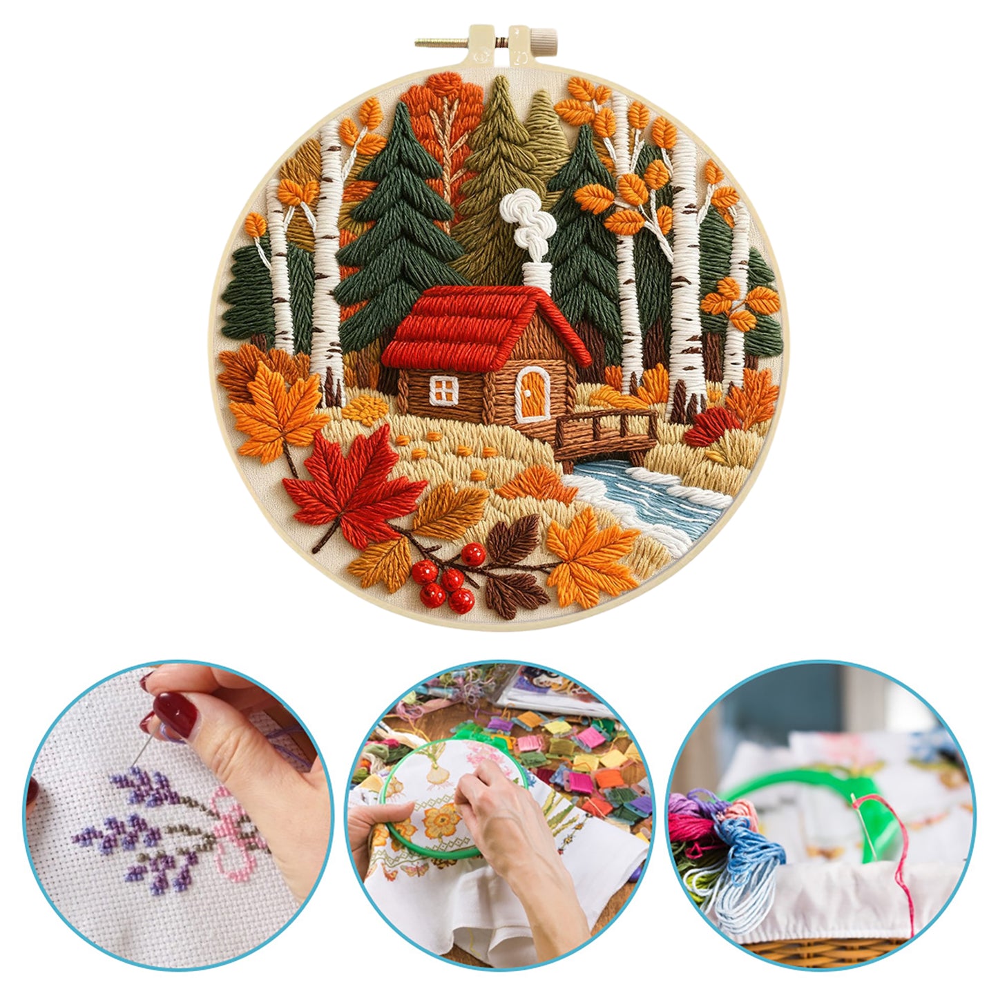 Autumn Forest Cottage - DIY Embroidery Cross Stitch Kit with Pattern Cotton Threads Needles Hoop 29x29CM/11.42x11.42in