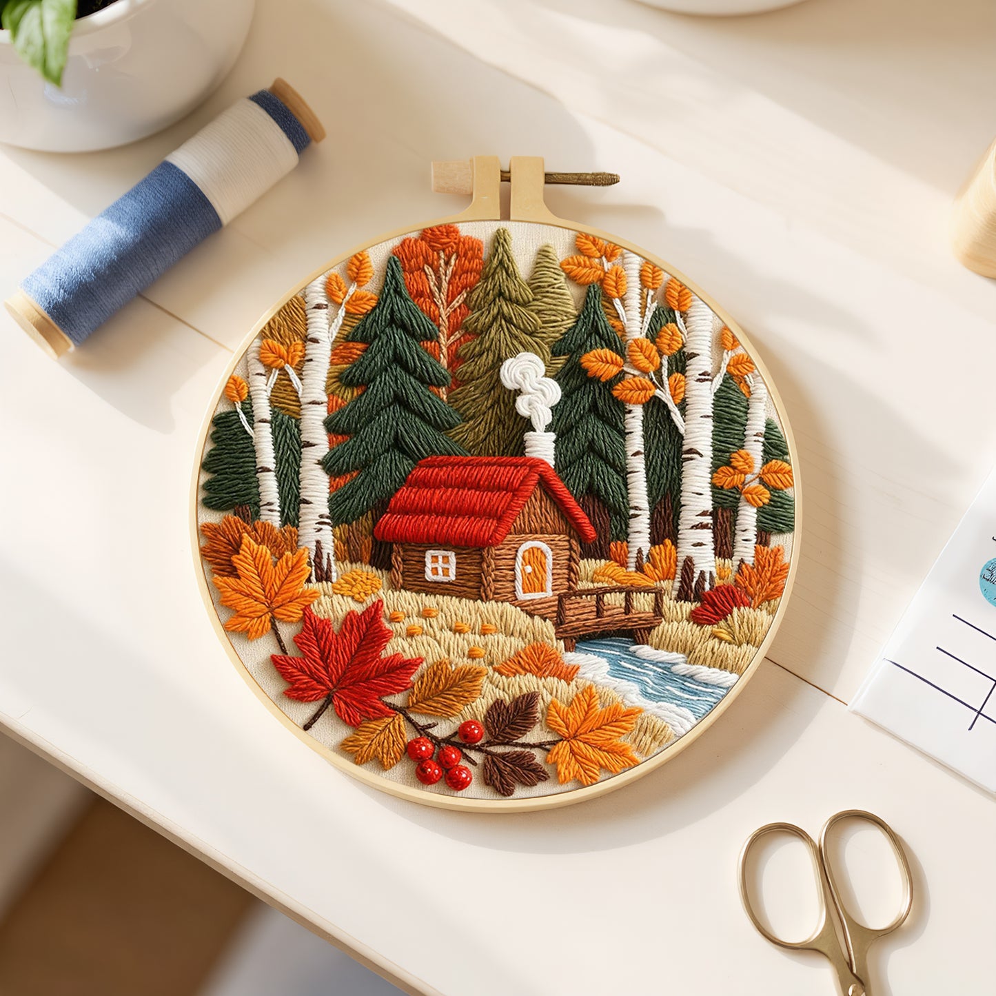 Autumn Forest Cottage - DIY Embroidery Cross Stitch Kit with Pattern Cotton Threads Needles Hoop 29x29CM/11.42x11.42in
