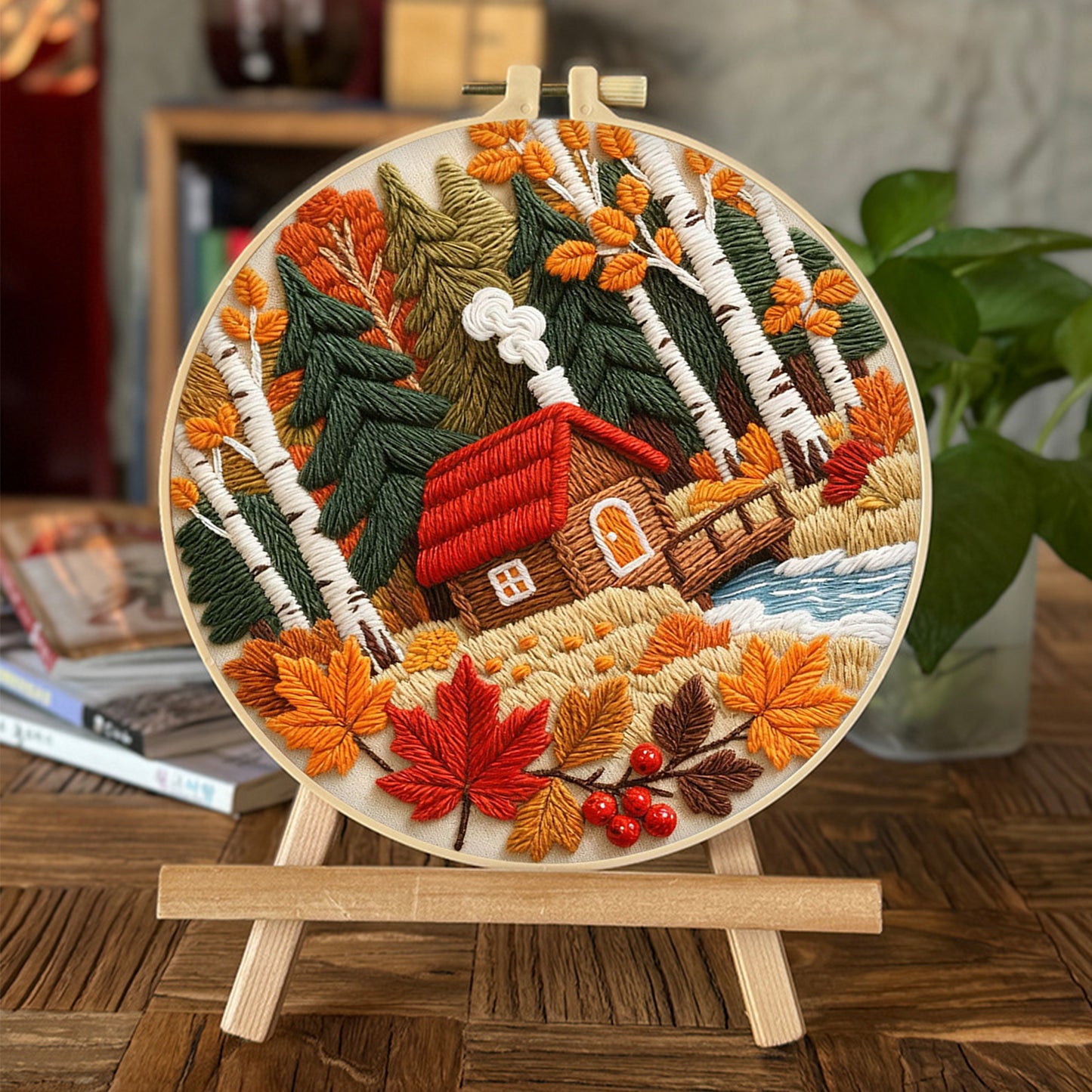Autumn Forest Cottage - DIY Embroidery Cross Stitch Kit with Pattern Cotton Threads Needles Hoop 29x29CM/11.42x11.42in