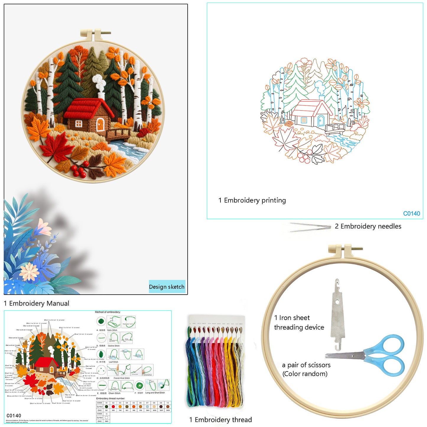 Autumn Forest Cottage - DIY Embroidery Cross Stitch Kit with Pattern Cotton Threads Needles Hoop 29x29CM/11.42x11.42in