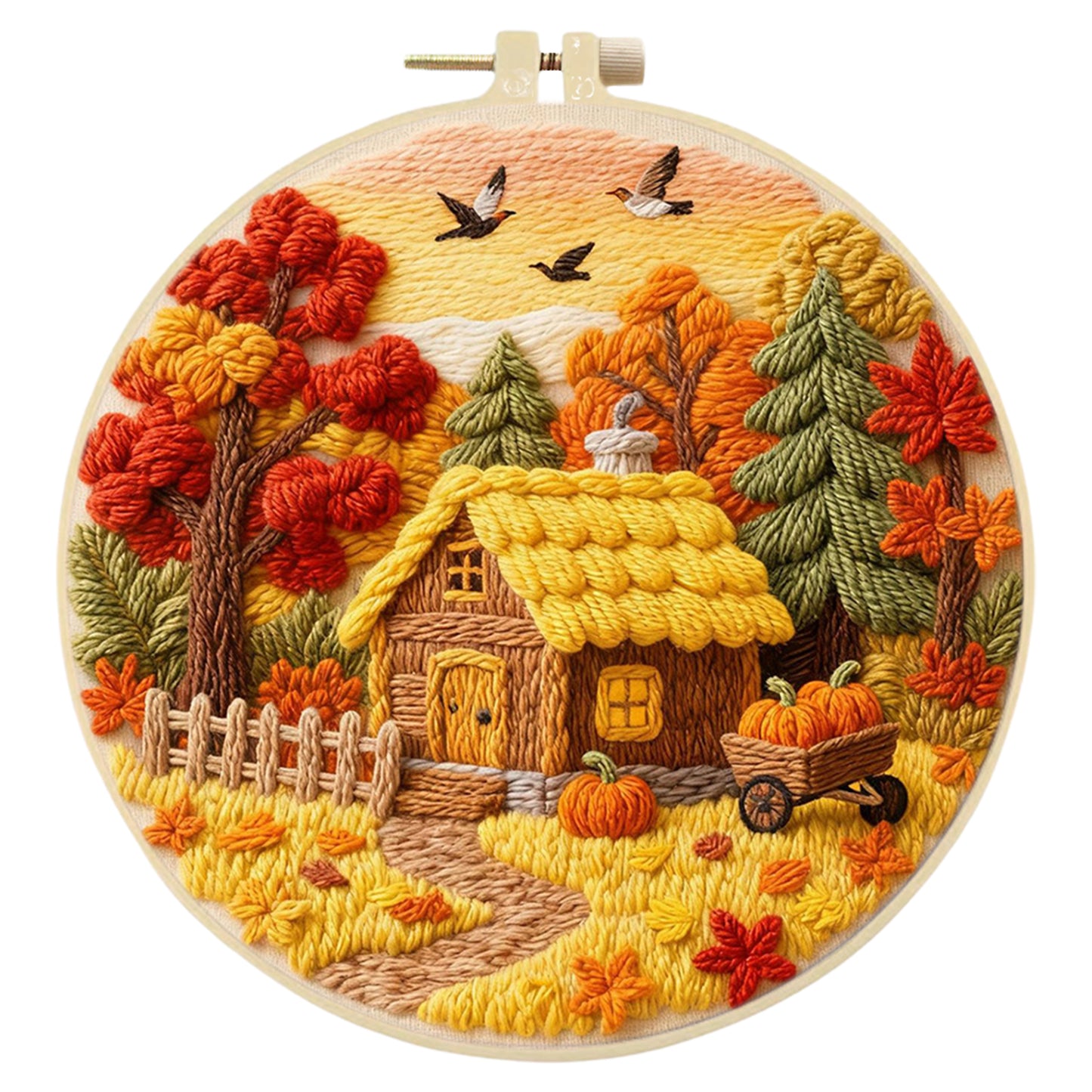 Autumn Cottage - DIY Embroidery Cross Stitch Kit with Pattern Cotton Threads Needles Hoop 29x29CM/11.42x11.42in