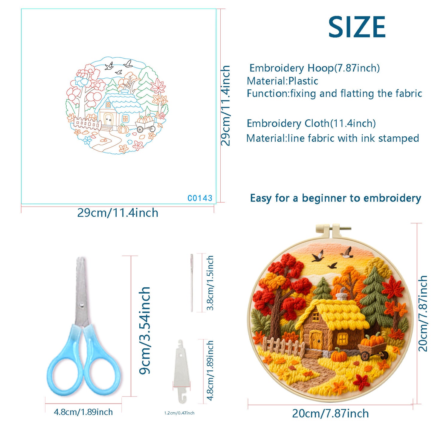 Autumn Cottage - DIY Embroidery Cross Stitch Kit with Pattern Cotton Threads Needles Hoop 29x29CM/11.42x11.42in