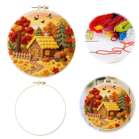 Autumn Cottage - DIY Embroidery Cross Stitch Kit with Pattern Cotton Threads Needles Hoop 29x29CM/11.42x11.42in