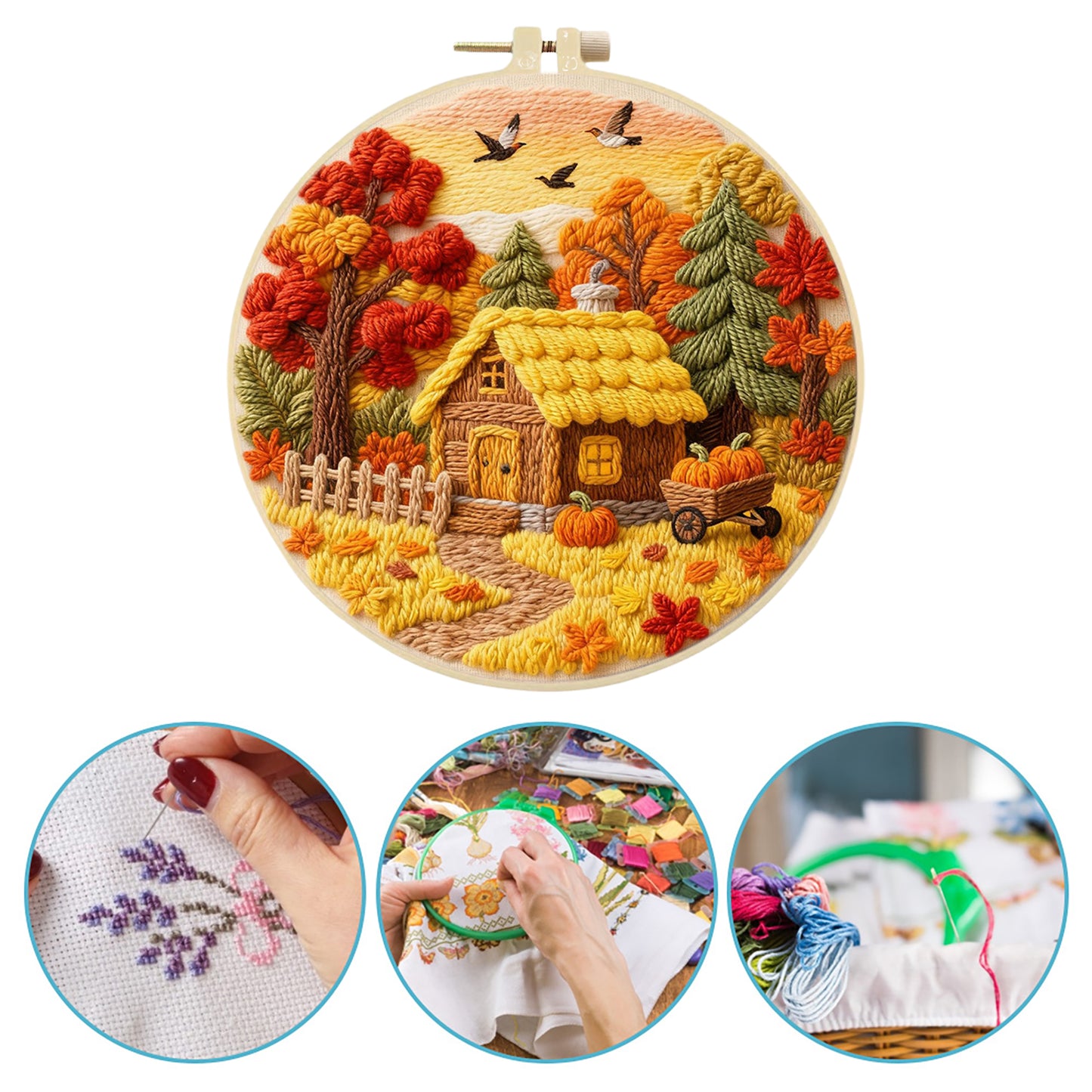 Autumn Cottage - DIY Embroidery Cross Stitch Kit with Pattern Cotton Threads Needles Hoop 29x29CM/11.42x11.42in