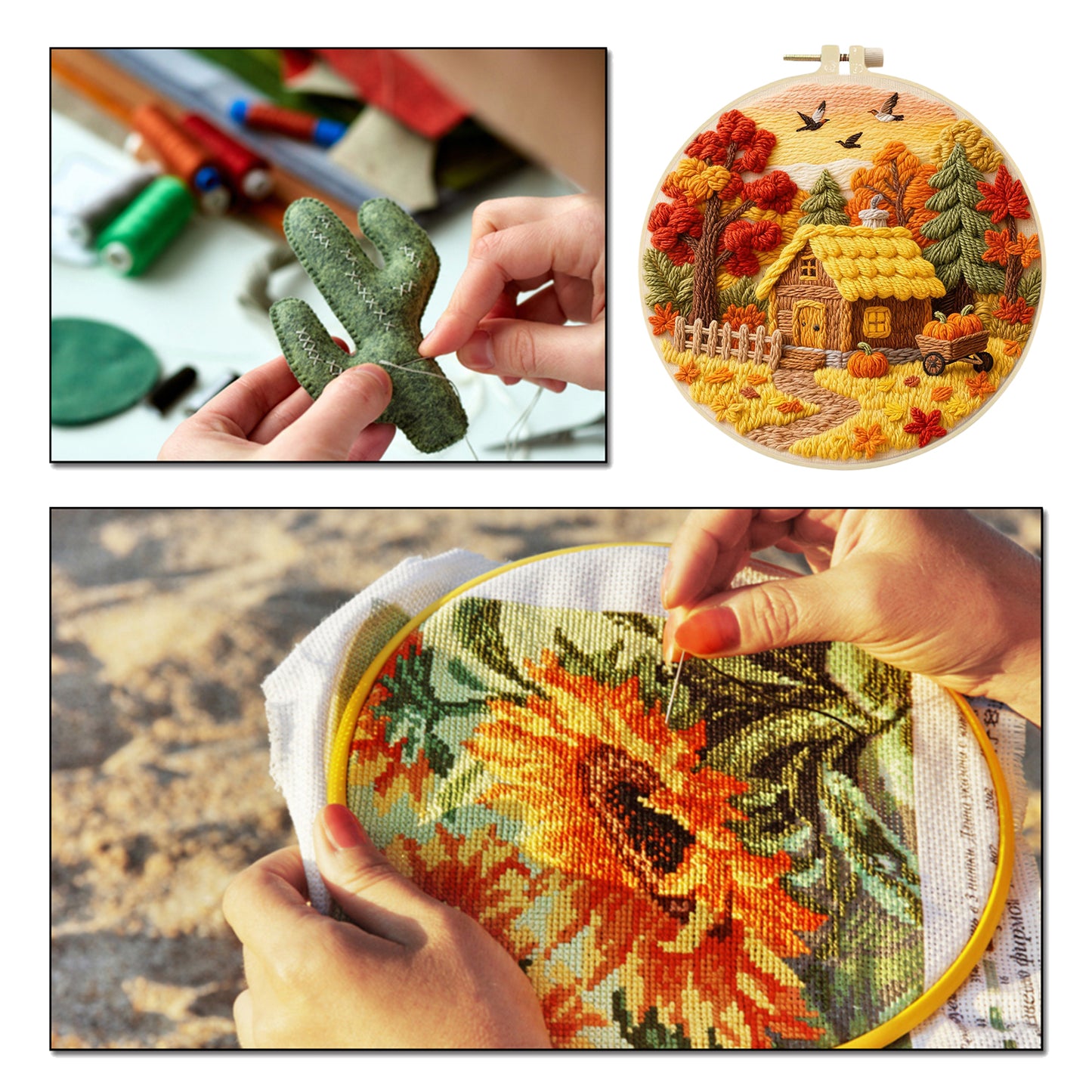 Autumn Cottage - DIY Embroidery Cross Stitch Kit with Pattern Cotton Threads Needles Hoop 29x29CM/11.42x11.42in