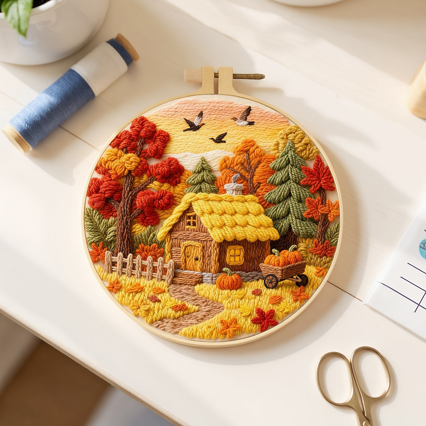 Autumn Cottage - DIY Embroidery Cross Stitch Kit with Pattern Cotton Threads Needles Hoop 29x29CM/11.42x11.42in