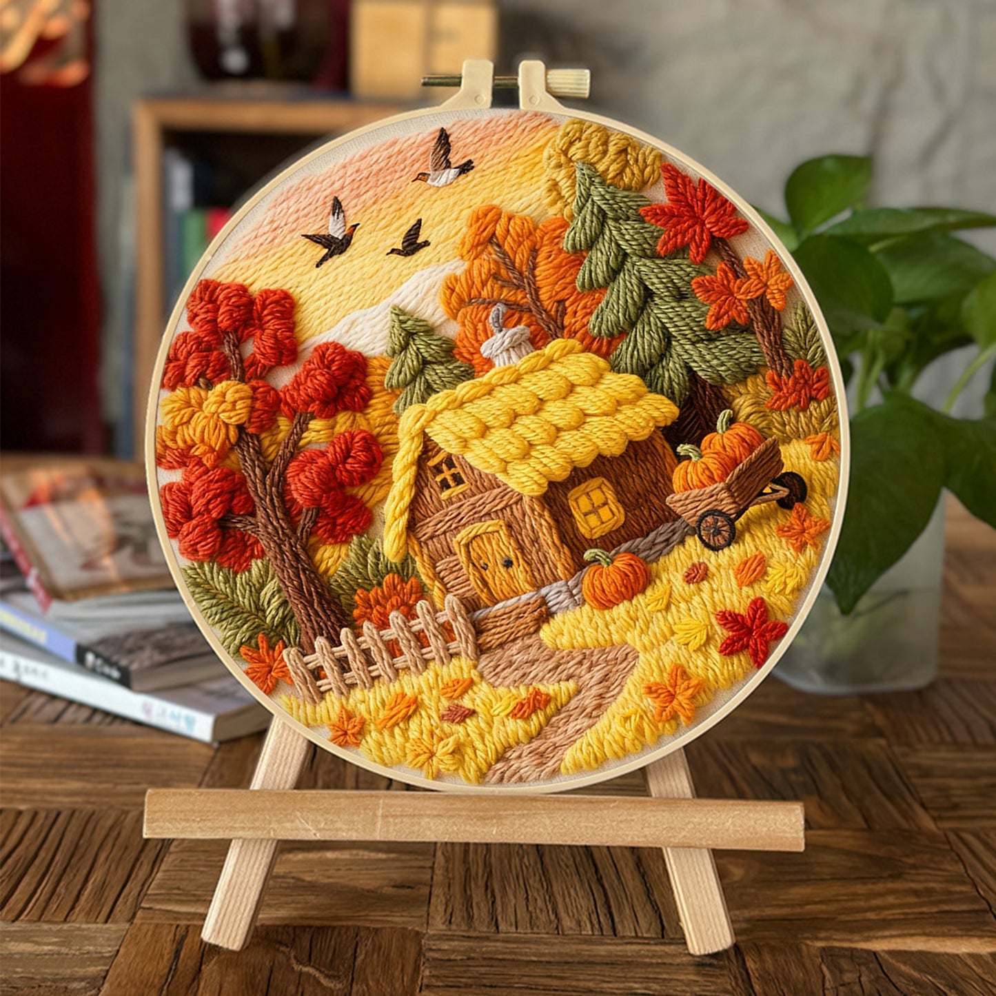 Autumn Cottage - DIY Embroidery Cross Stitch Kit with Pattern Cotton Threads Needles Hoop 29x29CM/11.42x11.42in