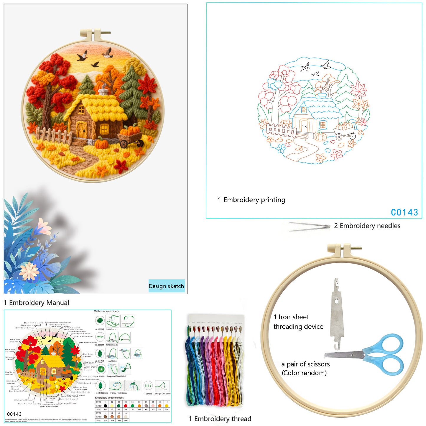 Autumn Cottage - DIY Embroidery Cross Stitch Kit with Pattern Cotton Threads Needles Hoop 29x29CM/11.42x11.42in