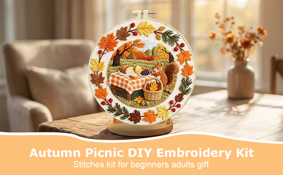 Autumn Picnic - DIY Embroidery Cross Stitch Kit with Pattern Cotton Threads Needles Hoop 29x29CM/11.42x11.42in