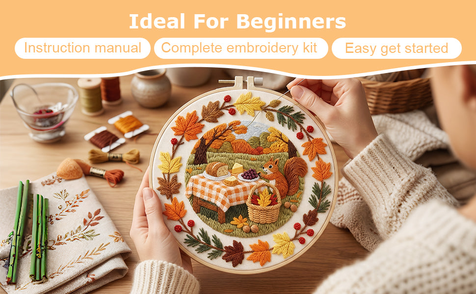 Autumn Picnic - DIY Embroidery Cross Stitch Kit with Pattern Cotton Threads Needles Hoop 29x29CM/11.42x11.42in
