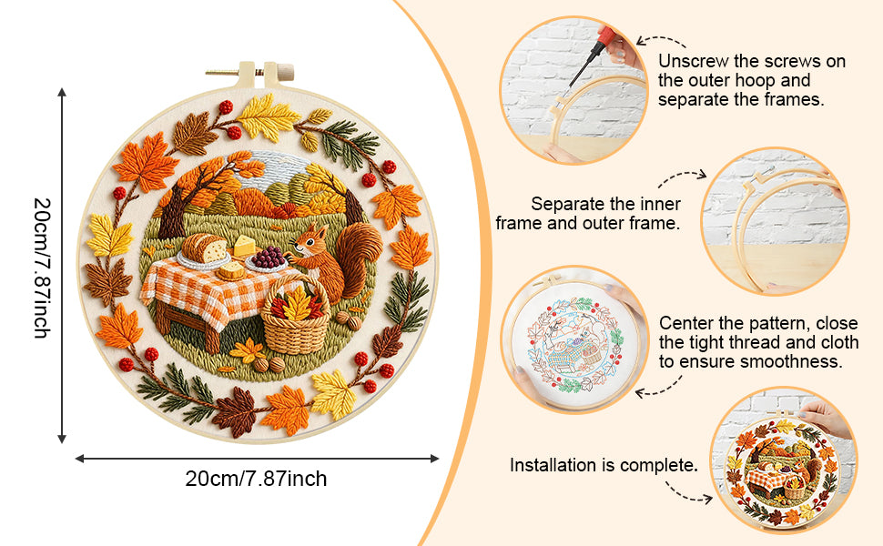 Autumn Picnic - DIY Embroidery Cross Stitch Kit with Pattern Cotton Threads Needles Hoop 29x29CM/11.42x11.42in
