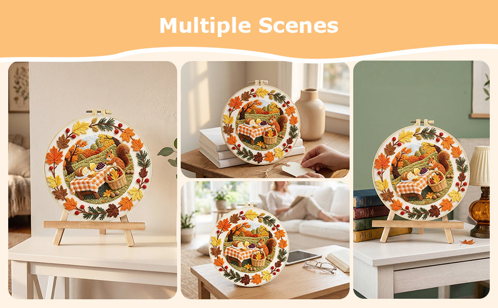 Autumn Picnic - DIY Embroidery Cross Stitch Kit with Pattern Cotton Threads Needles Hoop 29x29CM/11.42x11.42in
