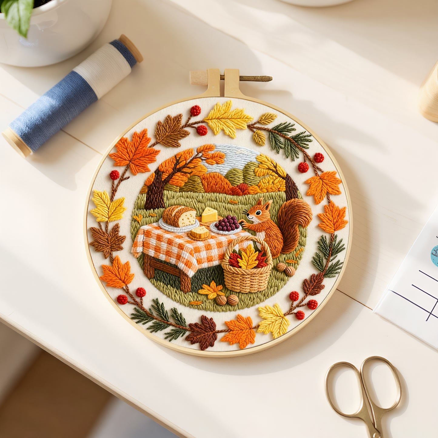 Autumn Picnic - DIY Embroidery Cross Stitch Kit with Pattern Cotton Threads Needles Hoop 29x29CM/11.42x11.42in