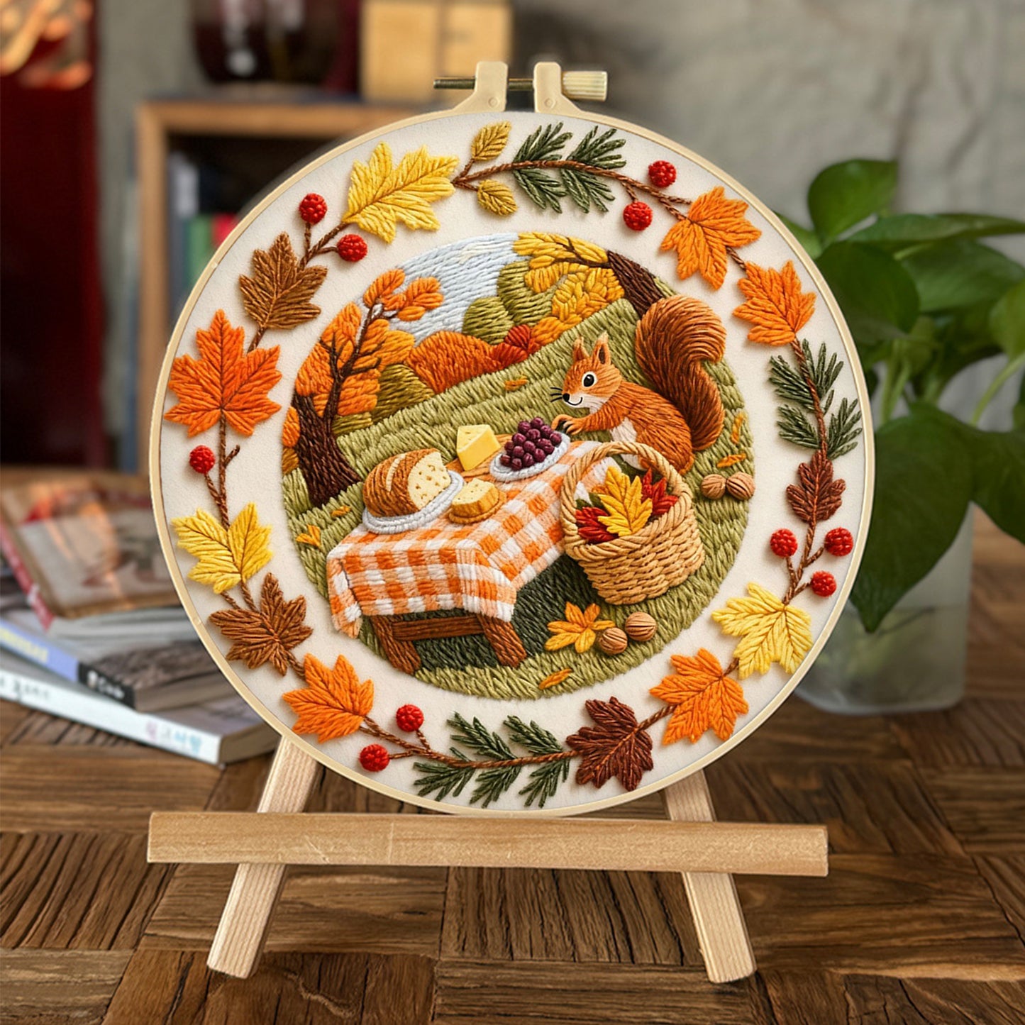 Autumn Picnic - DIY Embroidery Cross Stitch Kit with Pattern Cotton Threads Needles Hoop 29x29CM/11.42x11.42in