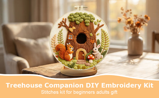 Tree House Friends - DIY Embroidery Cross Stitch Kit with Pattern Cotton Threads Needles Hoop 29x29CM/11.42x11.42in