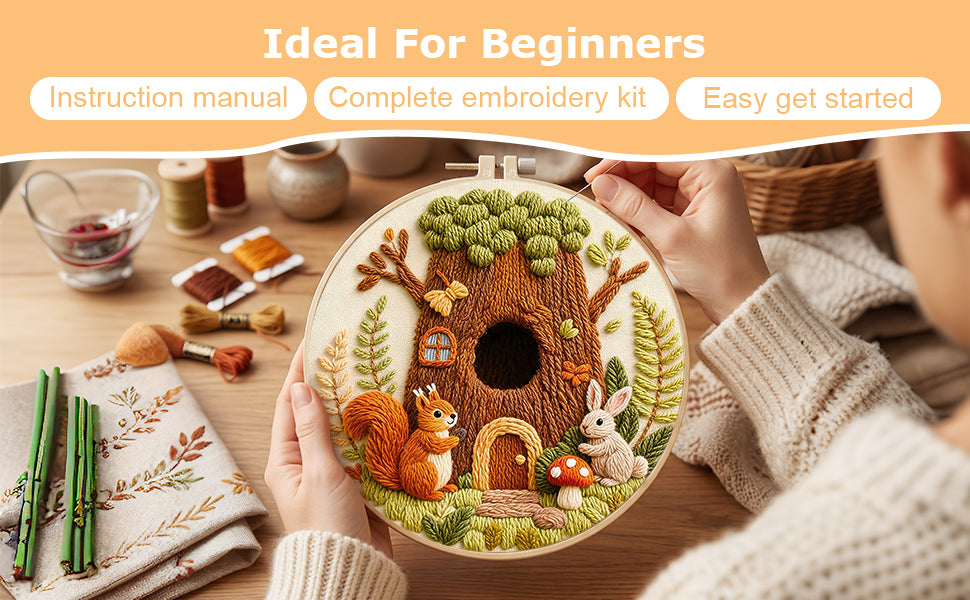 Tree House Friends - DIY Embroidery Cross Stitch Kit with Pattern Cotton Threads Needles Hoop 29x29CM/11.42x11.42in