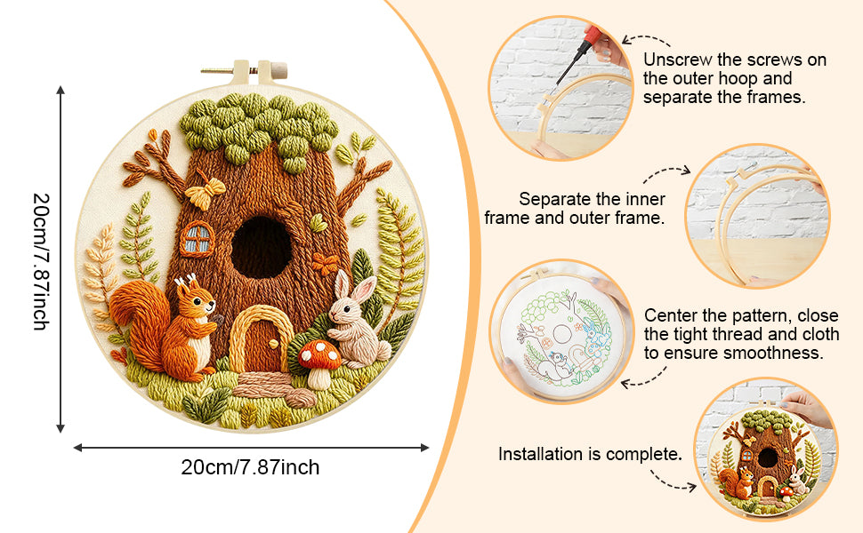 Tree House Friends - DIY Embroidery Cross Stitch Kit with Pattern Cotton Threads Needles Hoop 29x29CM/11.42x11.42in