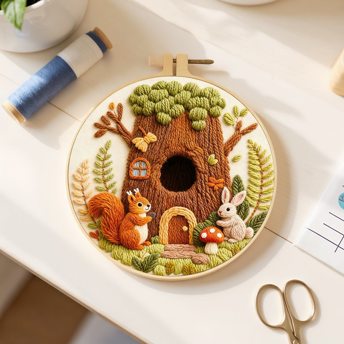 Tree House Friends - DIY Embroidery Cross Stitch Kit with Pattern Cotton Threads Needles Hoop 29x29CM/11.42x11.42in