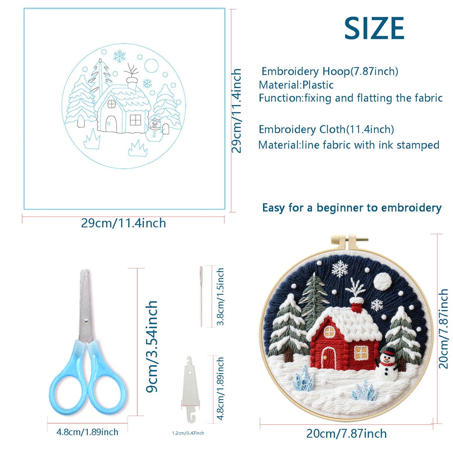 Christmas - DIY Embroidery Cross Stitch Kit with Pattern Cotton Threads Needles Hoop 29x29CM/11.42x11.42in