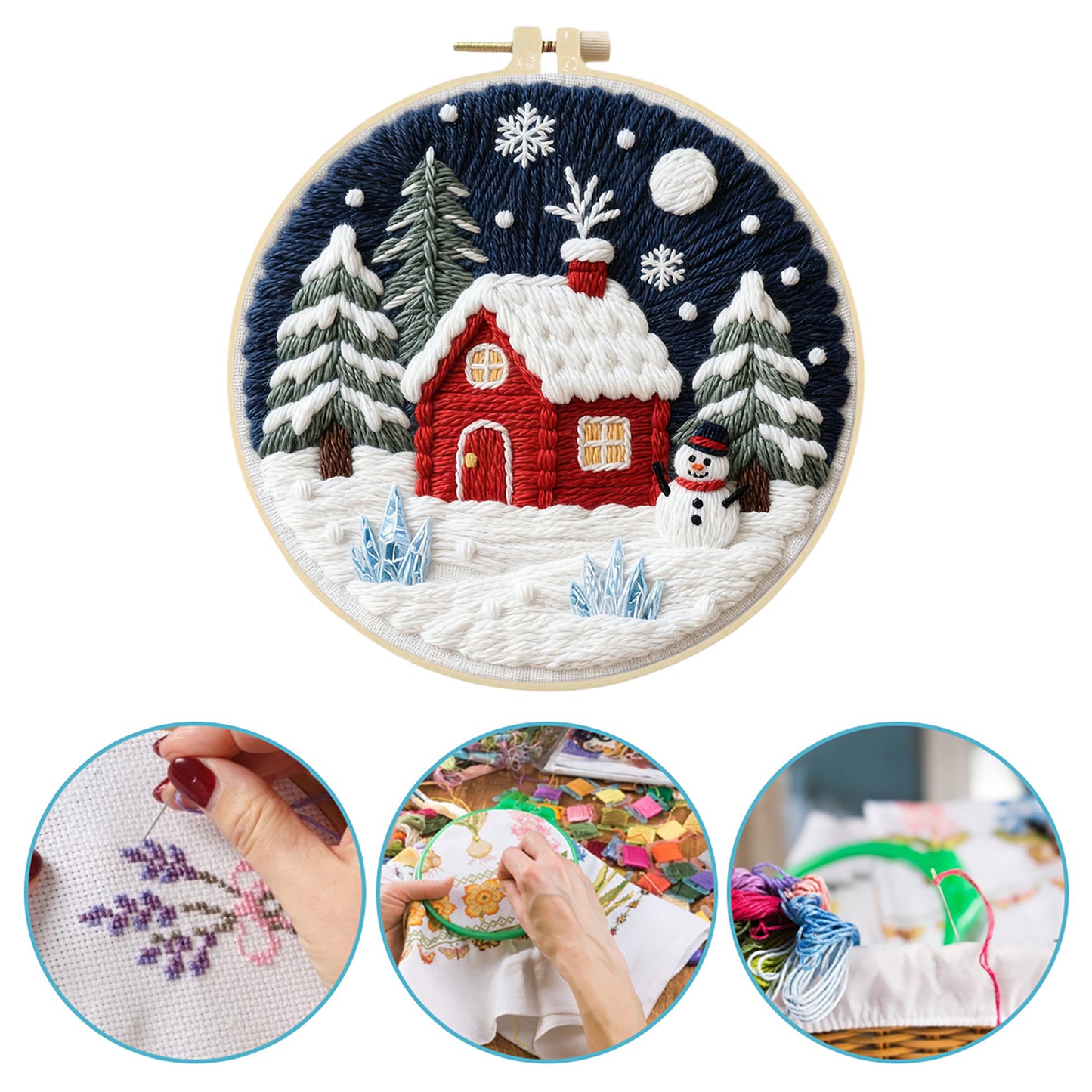 Christmas - DIY Embroidery Cross Stitch Kit with Pattern Cotton Threads Needles Hoop 29x29CM/11.42x11.42in