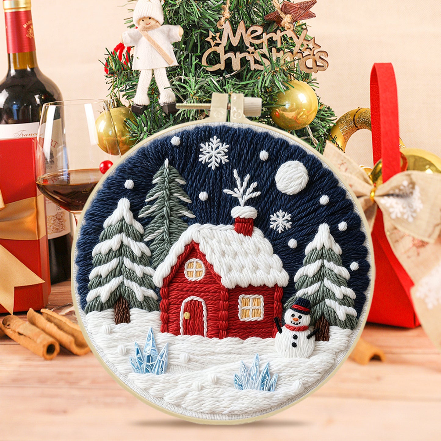 Christmas - DIY Embroidery Cross Stitch Kit with Pattern Cotton Threads Needles Hoop 29x29CM/11.42x11.42in