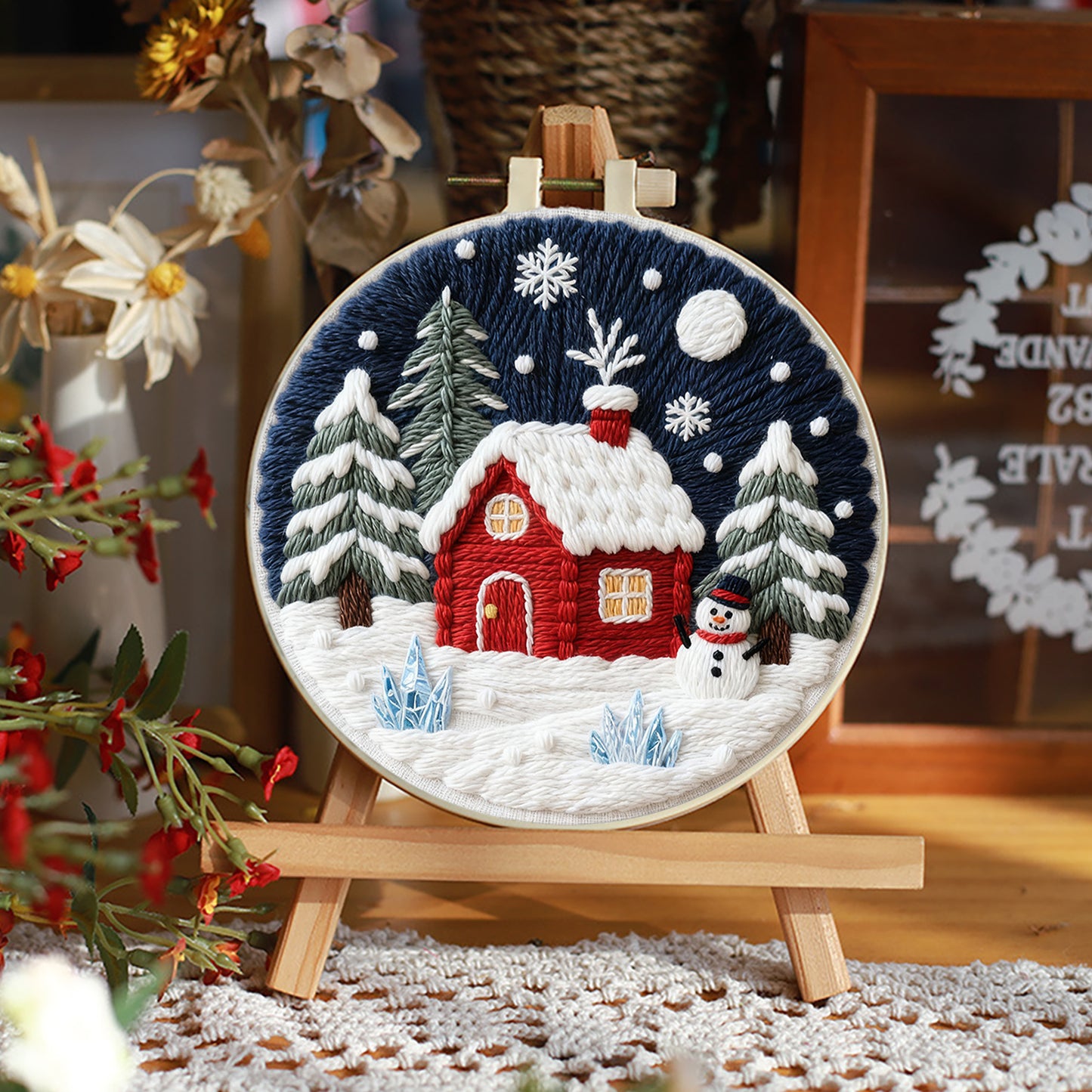 Christmas - DIY Embroidery Cross Stitch Kit with Pattern Cotton Threads Needles Hoop 29x29CM/11.42x11.42in