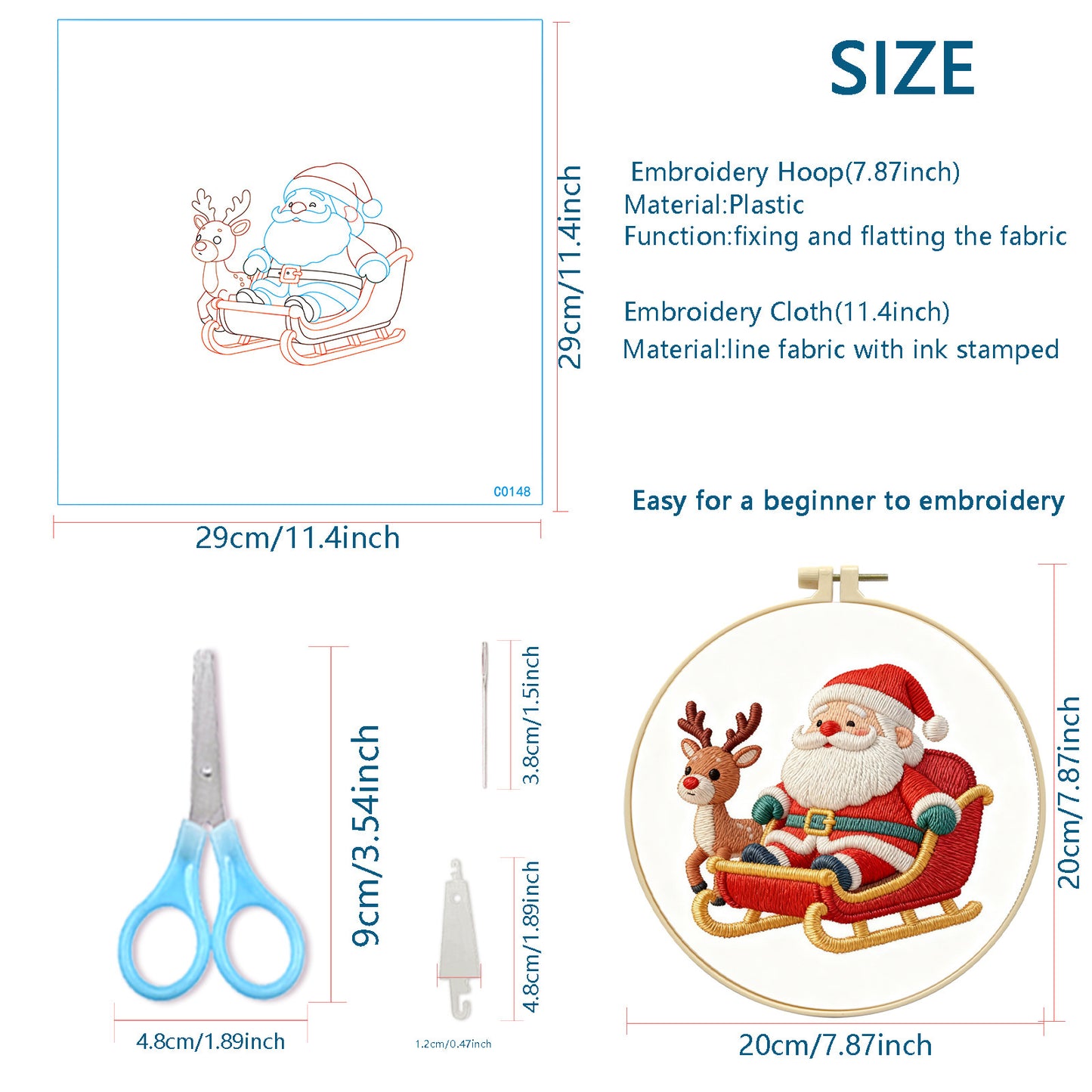 Christmas - DIY Embroidery Cross Stitch Kit with Pattern Cotton Threads Needles Hoop 29x29CM/11.42x11.42in